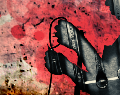 A silhouette of person cutting wires frames an image of a set of wrenches. The background appears to be a damaged industrial setting, a concrete wall with pink splotches.
