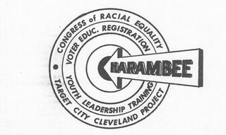 A graphic showing various Cleveland projects of CORE—voter education and registration, youth leadership training, and the target city Cleveland project as a bullseye target with Harambee as the arrow