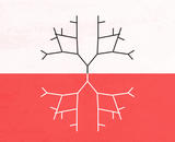 Four fractal trees creep out from the center of the screen. A horizontal line runs across the screen, white on top, red on the bottom.