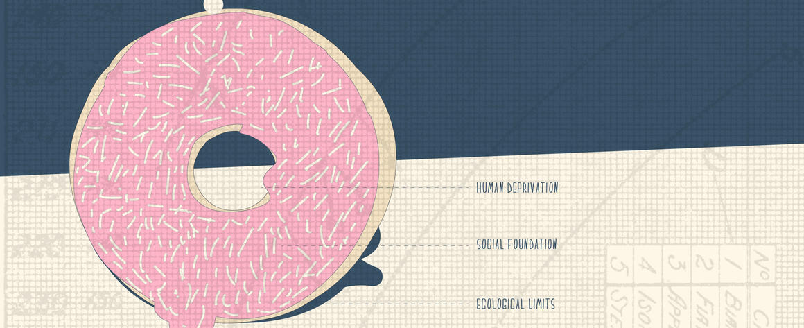 A delicious donut with pink frosting is used to depict the basics of Kate Raworth's 'Doughnut Economics' model.
