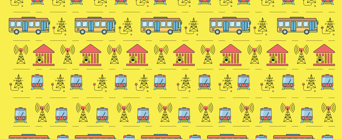 Over a yellow background icons representing buses, trains, radio towers, and utility towers form interlocking patterns