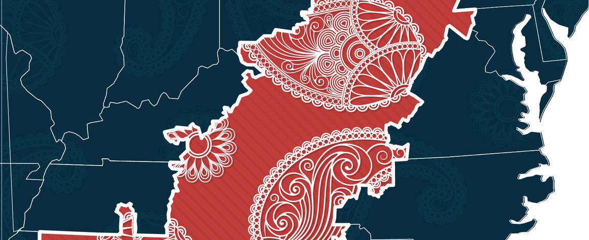 a map of the united states is colored in blue, excepting the counties of appalachia which are colored red with a paisley pattern