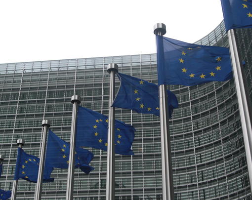 A series of EU flags in front of a modern building.