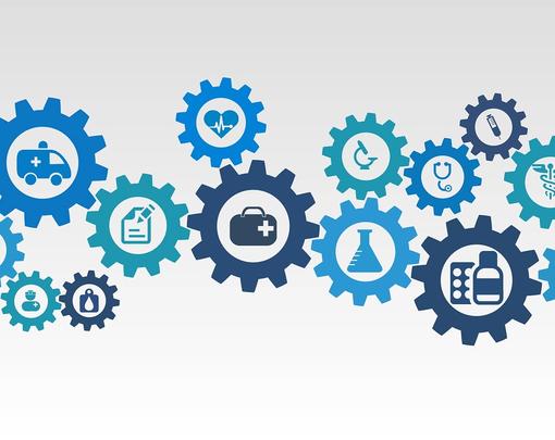 healthcare widgets Graphic in blue depicting various healthcare items: ambulances, pills, a blue cross and wheelchair