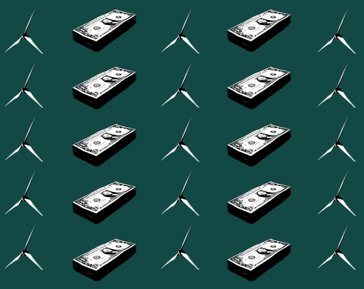 Carbon Diviend wind turbines and stacks of cash are displayed over a dark, forest green background