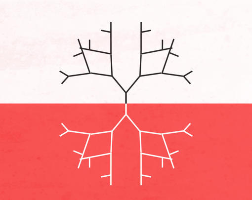 Four fractal trees creep out from the center of the screen. A horizontal line runs across the screen, white on top, red on the bottom.