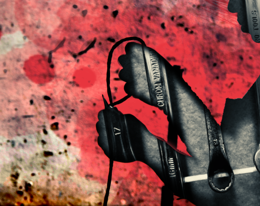 job guarantee abstract art image A silhouette of person cutting wires frames an image of a set of wrenches. The background appears to be a damaged industrial setting, a concrete wall with pink splotches.