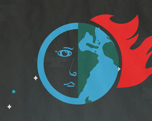 Climate Justice Podcast A blue and green sphere hangs in space, the sphere is divided down the middle with a human face on the left, a world on fire on the right.