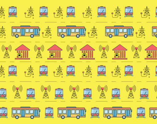 Over a yellow background icons representing buses, trains, radio towers, and utility towers form interlocking patterns