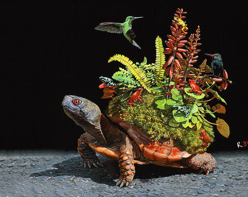 A turtle with an ecosystem on its back
