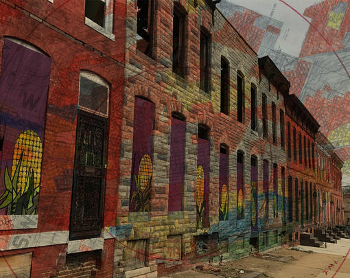 A HOLC redlining map superimposed on a row of vacant houses