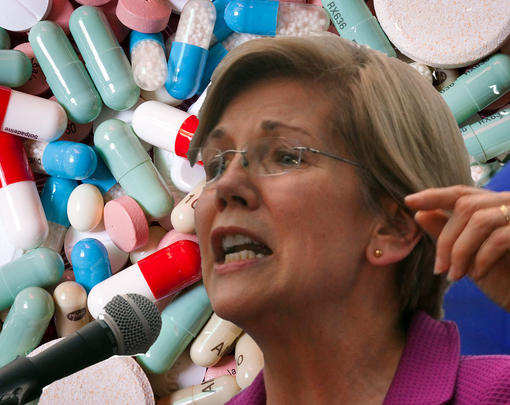 Elizabeth Warren against a backdrop of pills