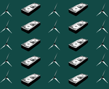 Carbon Diviend wind turbines and stacks of cash are displayed over a dark, forest green background