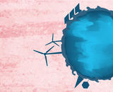 A blue globe with solar panels and windmills and forests on its edges floats in a pink sky