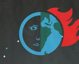 Climate Justice Podcast A blue and green sphere hangs in space, the sphere is divided down the middle with a human face on the left, a world on fire on the right.