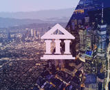 Overhead views of New York and LA with a bank icon superimposed across them