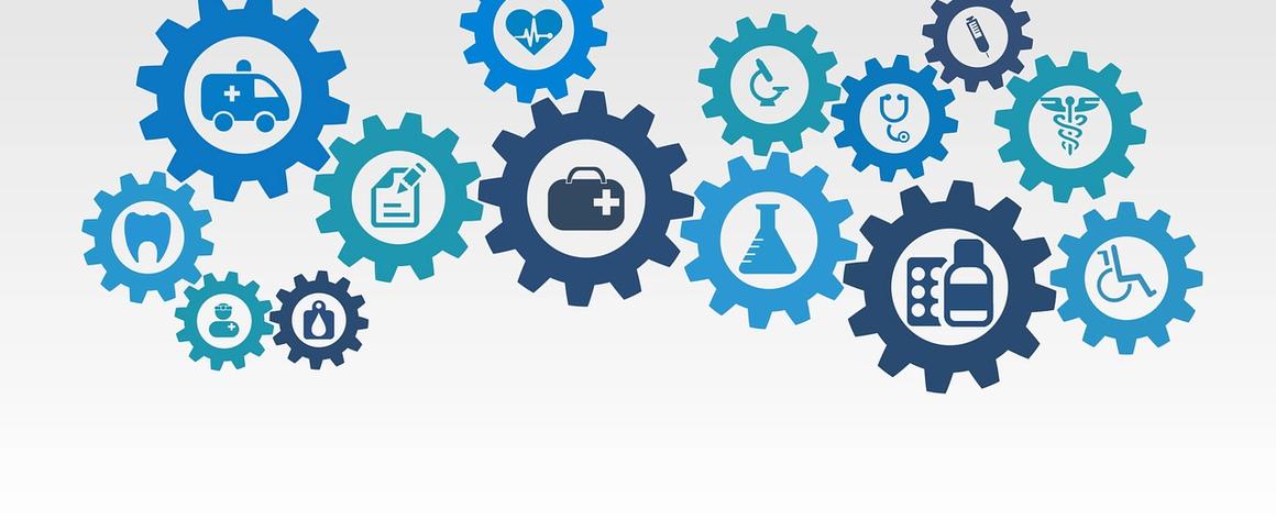 healthcare widgets Graphic in blue depicting various healthcare items: ambulances, pills, a blue cross and wheelchair