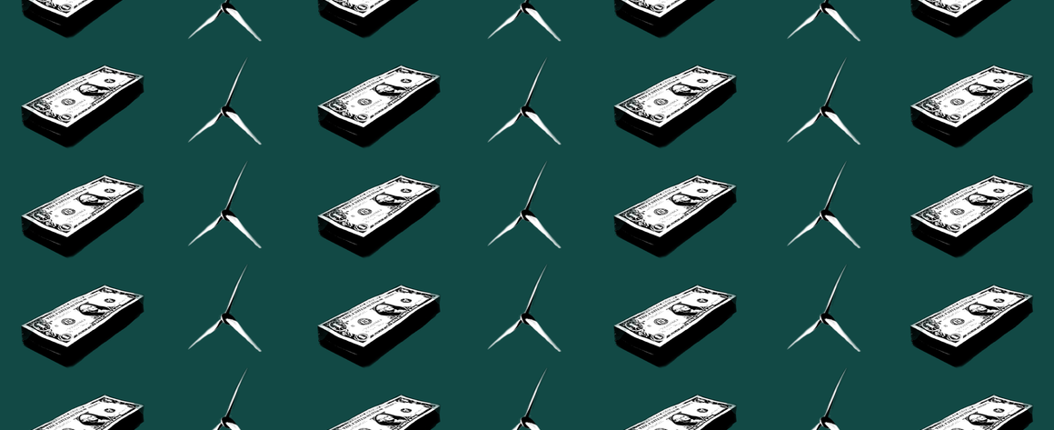 wind turbines and stacks of cash are displayed over a dark, forest green background