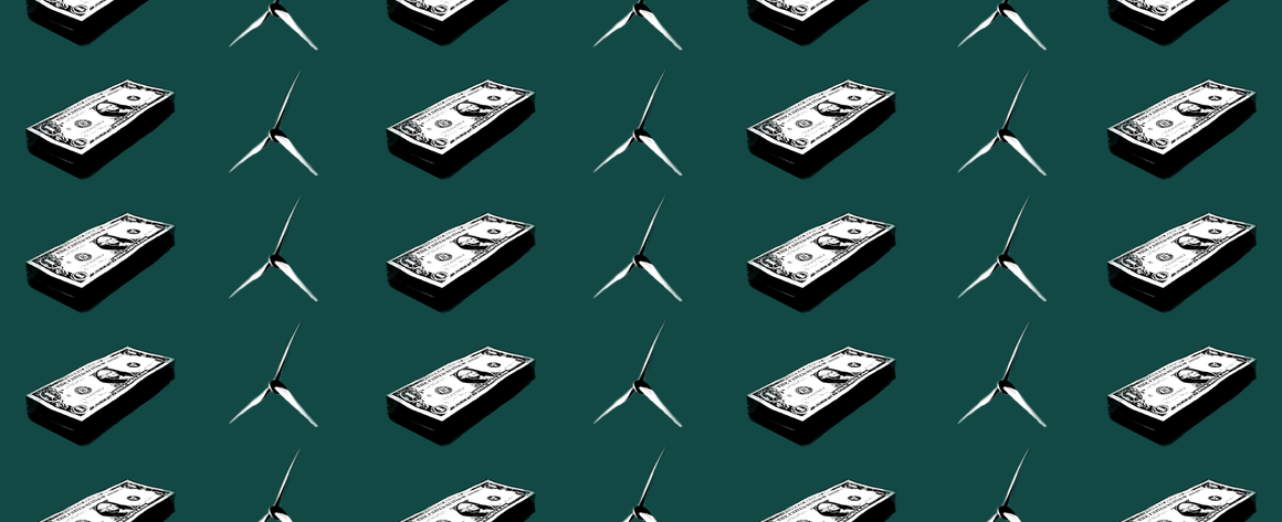 Carbon Diviend wind turbines and stacks of cash are displayed over a dark, forest green background
