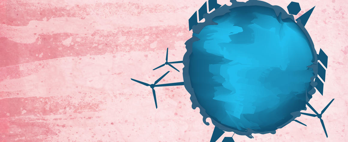 A blue globe with solar panels and windmills and forests on its edges floats in a pink sky