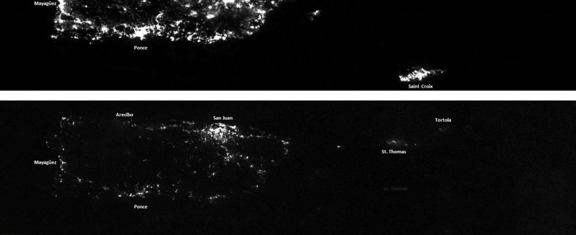 Two satellite photos taken at night of the island of Puerto Rico—one before and one after Hurricane Maria, showing the extent of the damage to the grid.