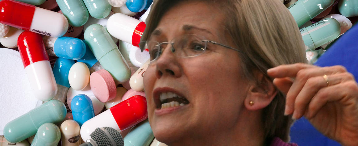 Elizabeth Warren against a backdrop of pills